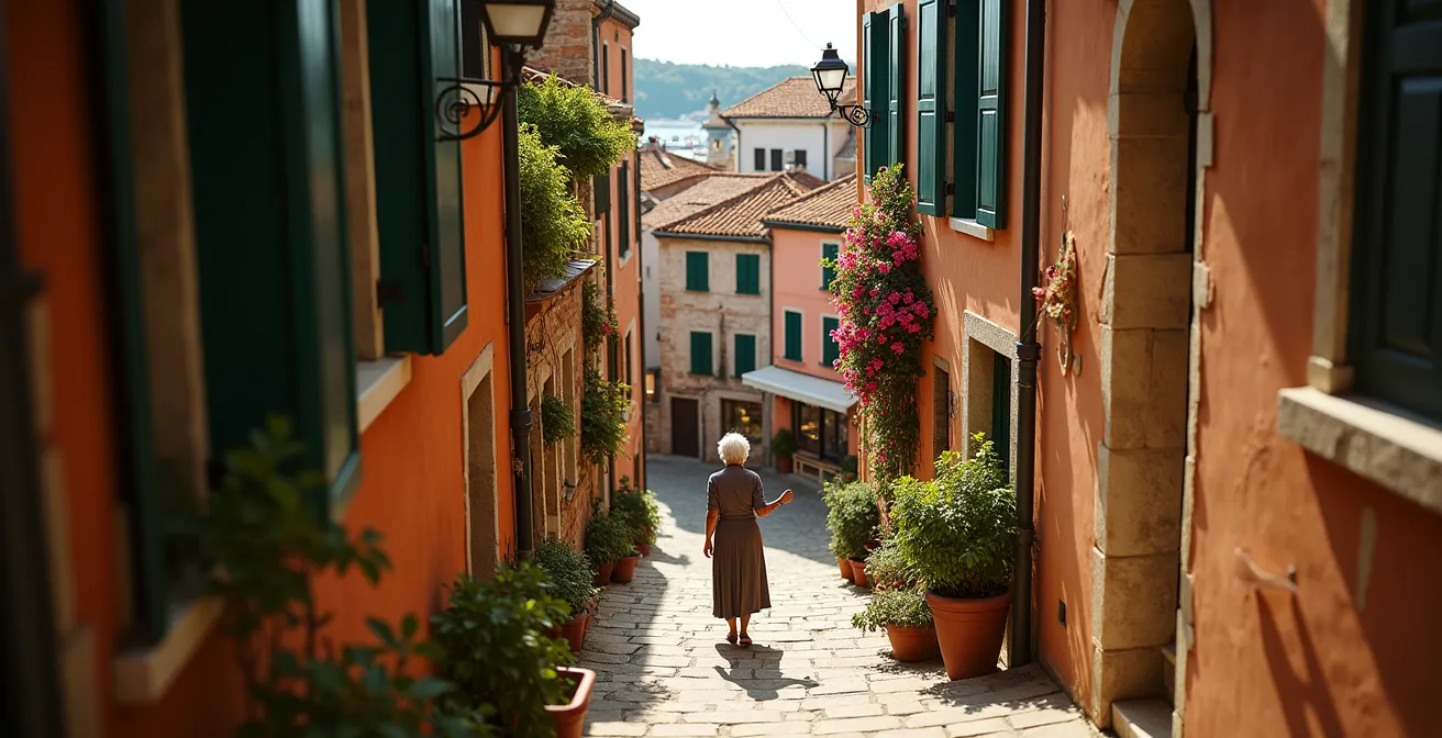 Ruelles pavées du Suquet à l'aube avec maisons provençales colorées, escaliers étroits bordés de fleurs, vue lumineuse sur le port en bas
