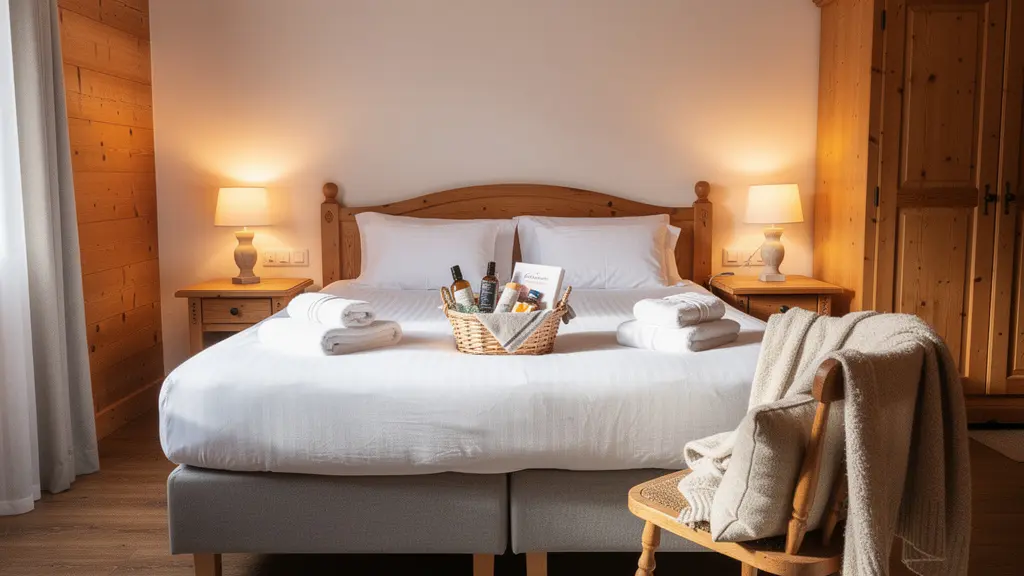 Chambre d'appartement montagne préparée pour accueil voyageurs avec linge propre