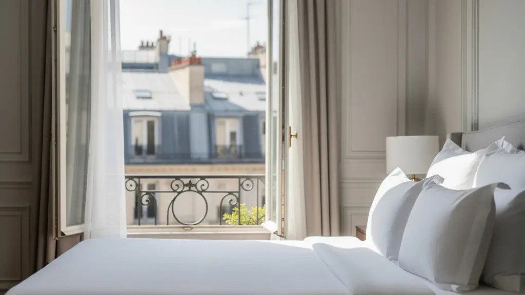 Chambre d'hôtel 4 étoiles parisien avec literie blanche et vue sur toits en zinc