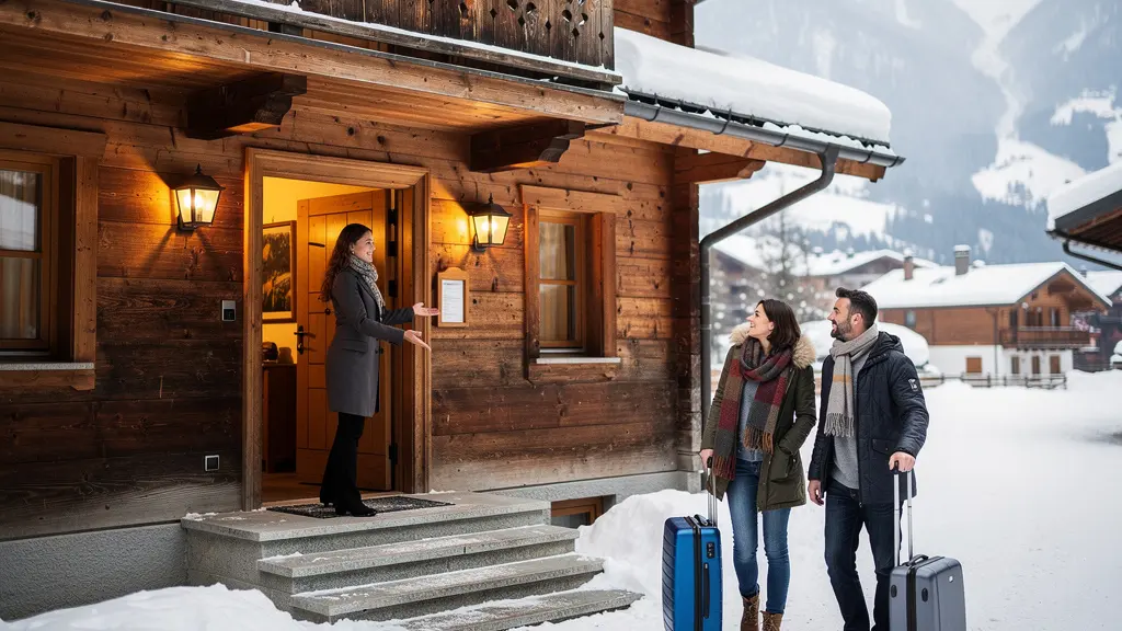 Agent conciergerie accueillant des voyageurs devant un chalet en station de ski
