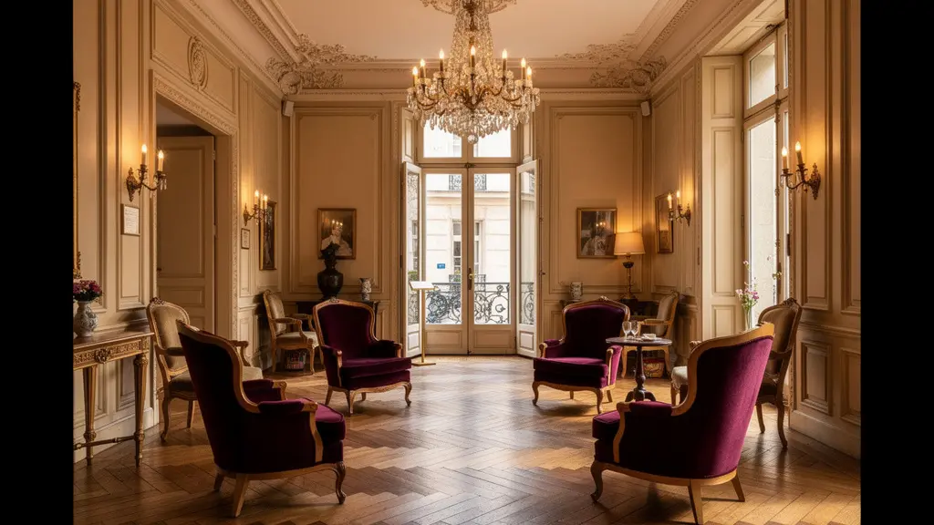Hall d'entrée d'hôtel parisien traditionnel avec moulures et lustre classique
