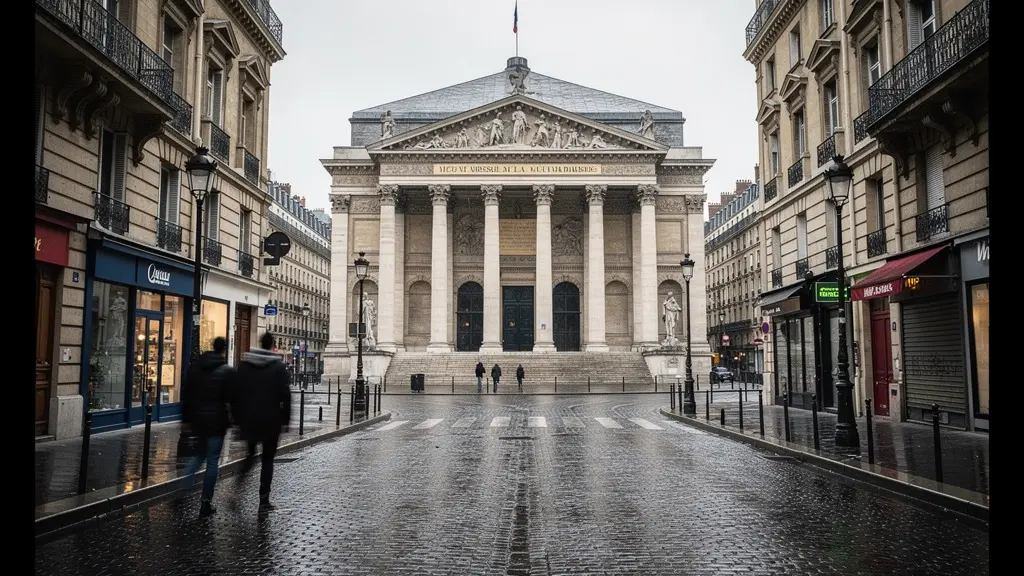 Place de la Madeleine à Paris vue en perspective avec l'église néoclassique