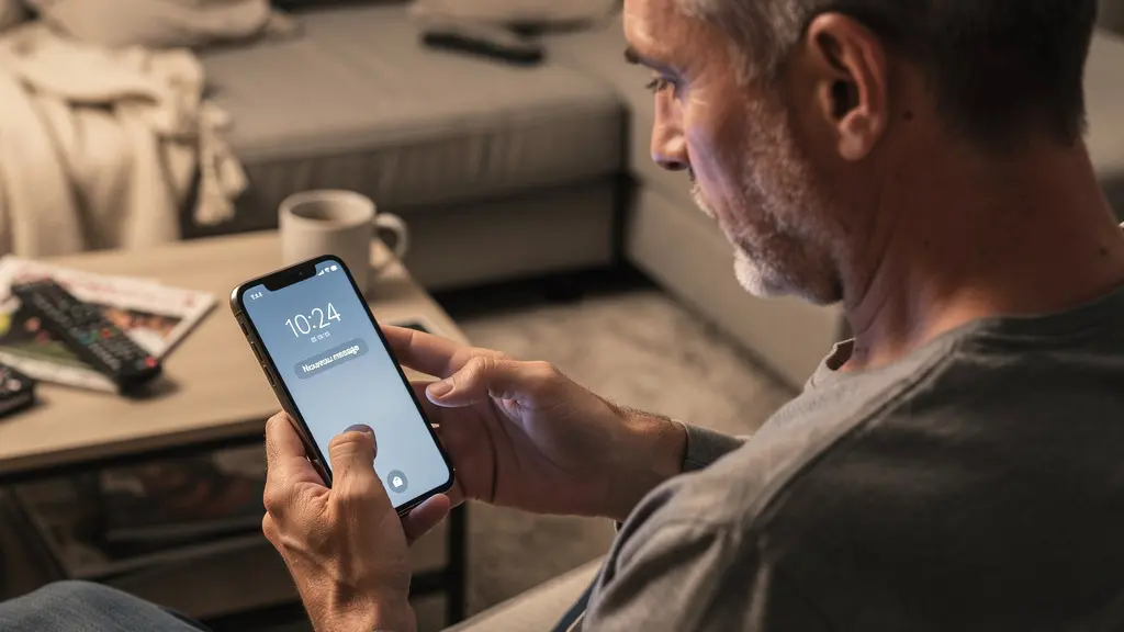 Propriétaire consultant son smartphone avec expression préoccupée, gestion locative saisonnière